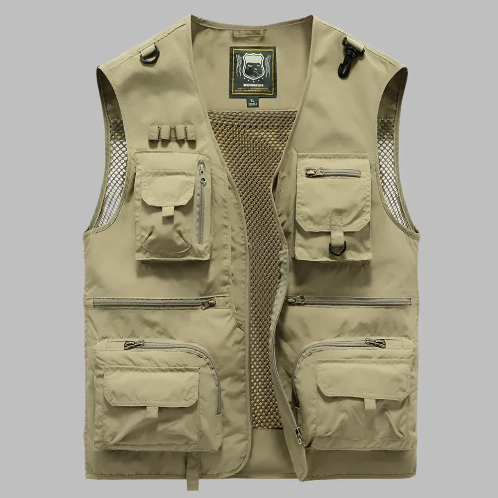 Men's Multi-Pocket Utility Vest – V-Neck, Full-Zip Front interior mesh panel