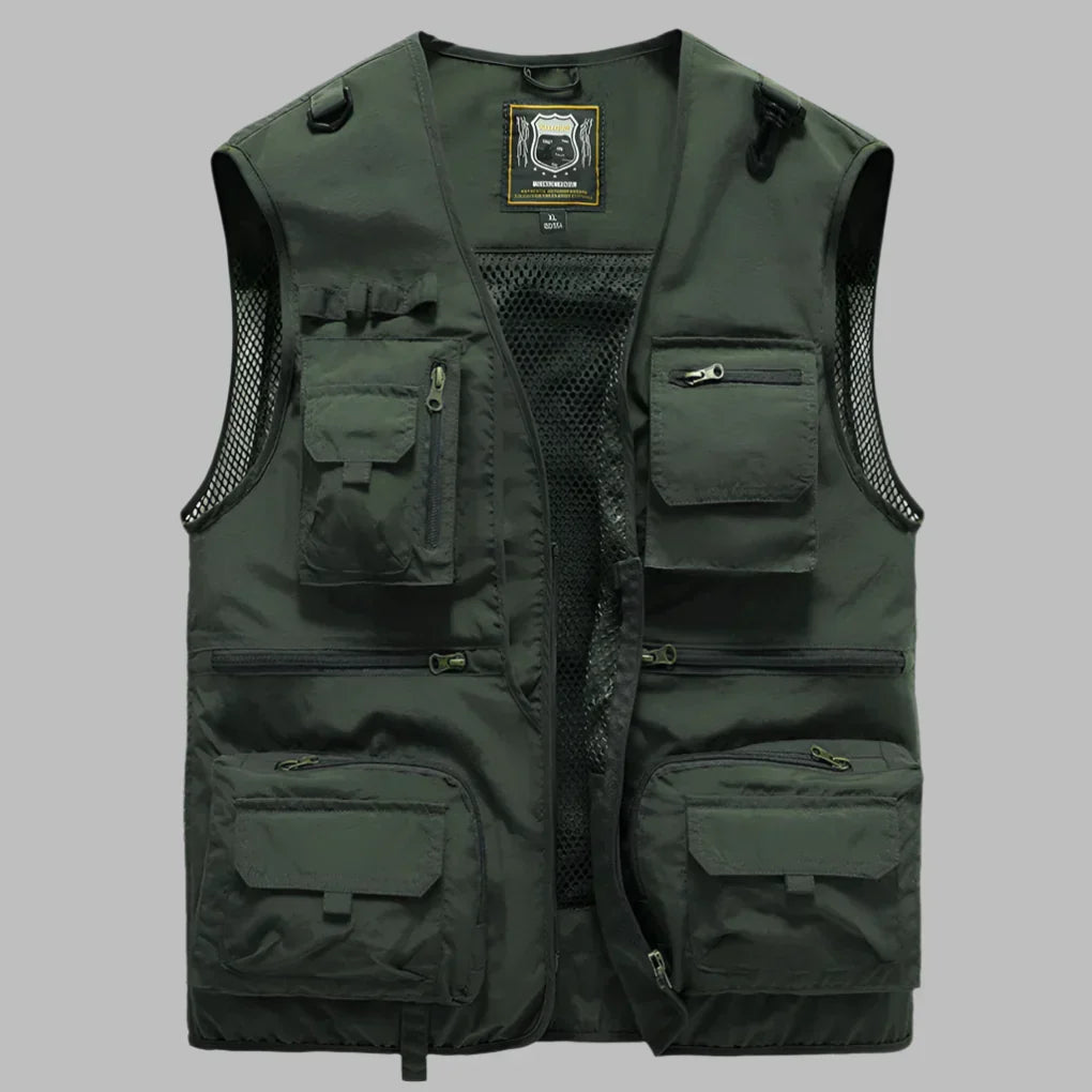 Men's Multi-Pocket Utility Vest – V-Neck, Full-Zip Front back view