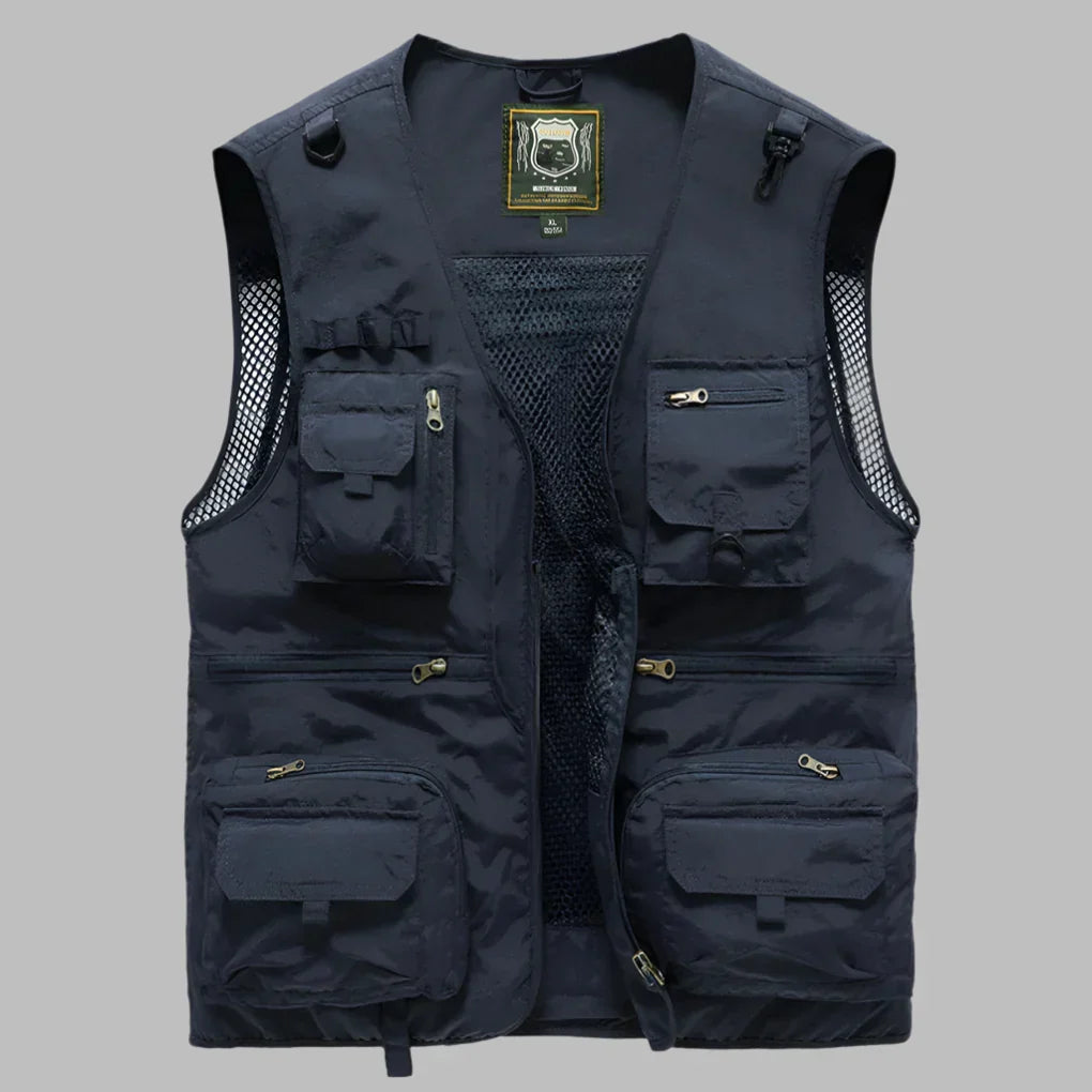 Men's Multi-Pocket Utility Vest – V-Neck, Full-Zip Front side view