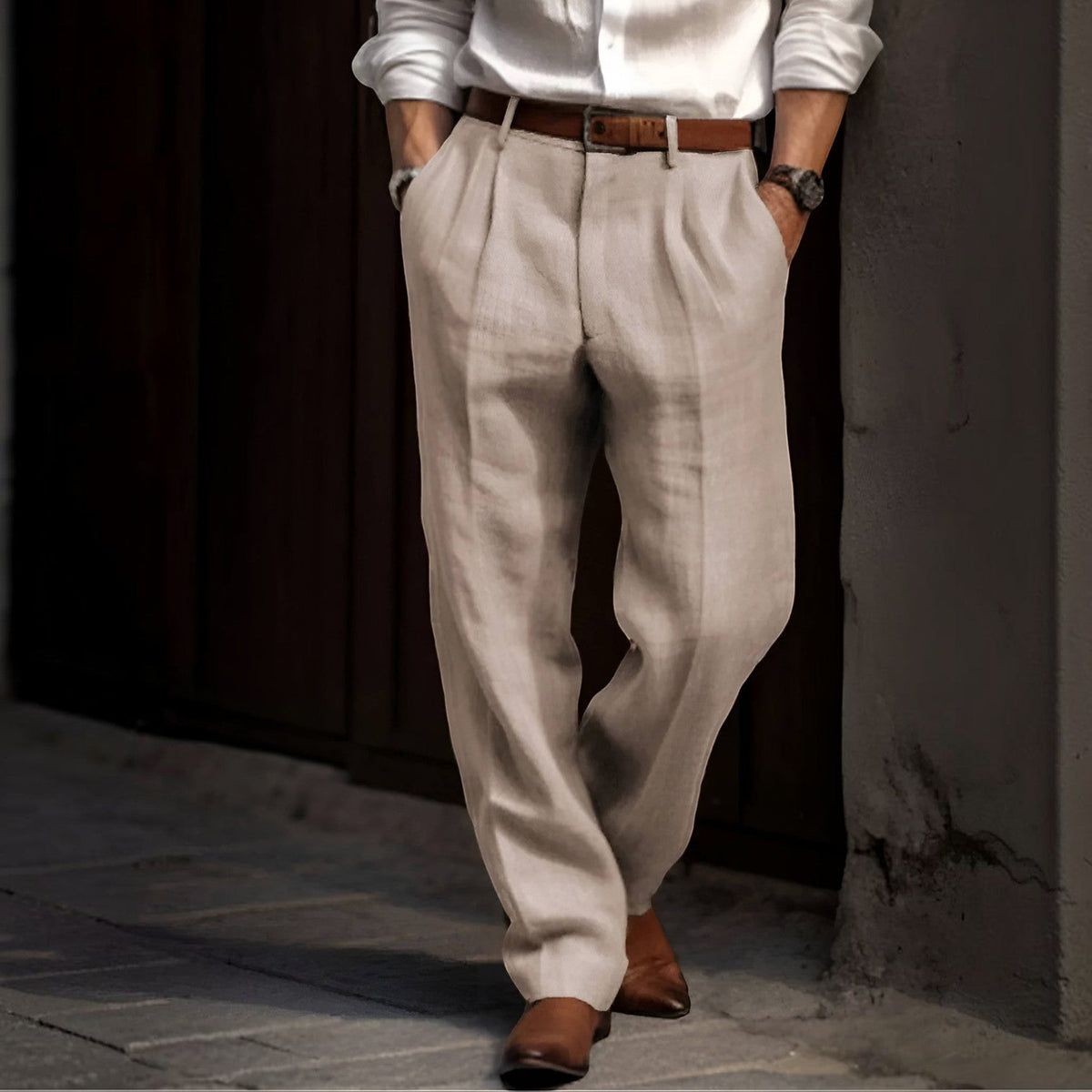 Men's Pleated Trousers – Elasticated Waist, Reinforced Seams front view