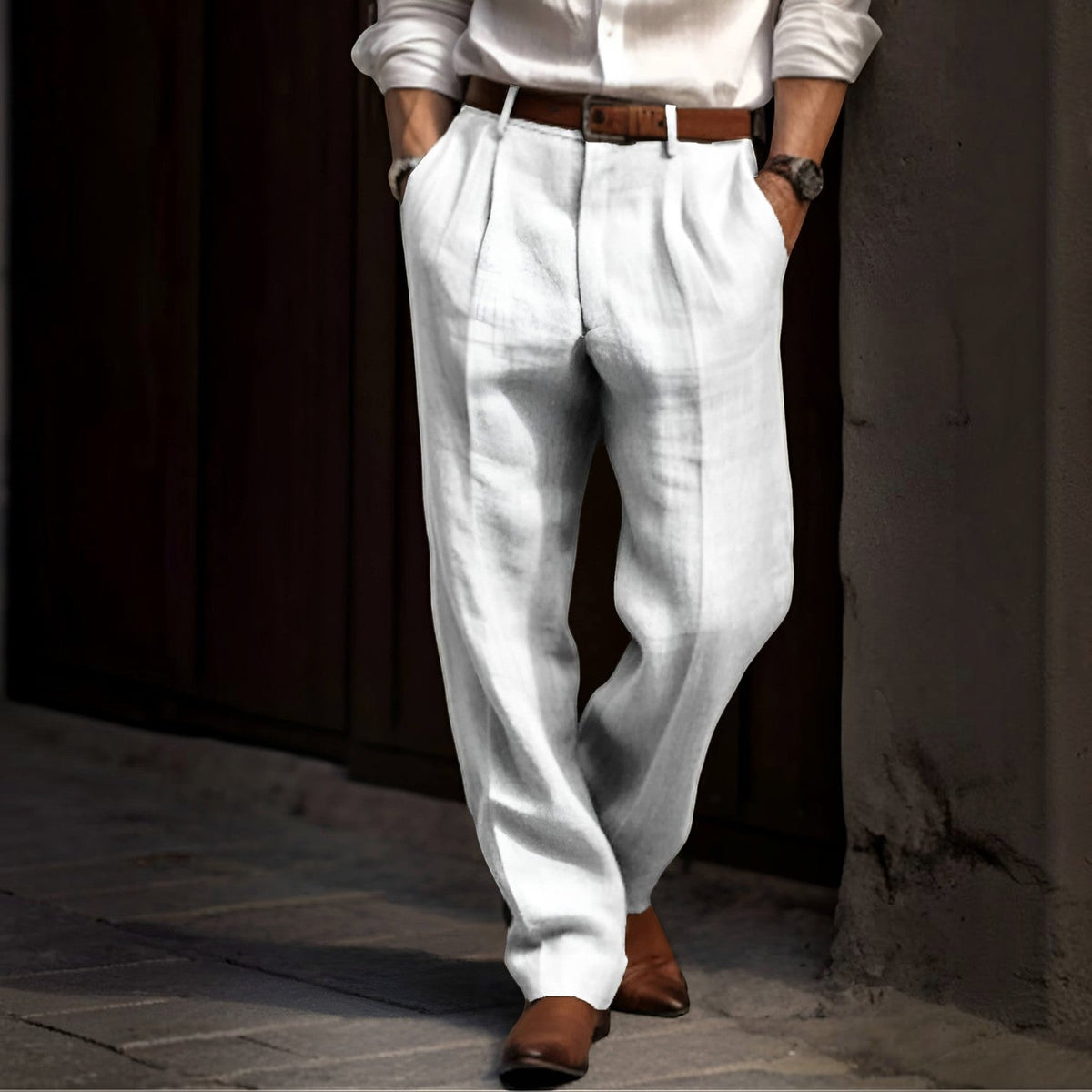 Men's Pleated Trousers – Elasticated Waist, Reinforced Seams waist and pleat detail