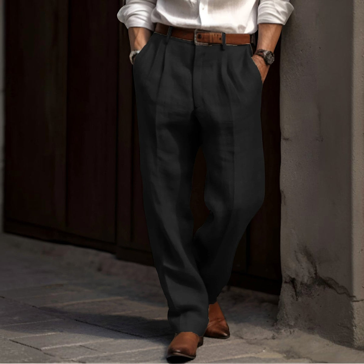 Men's Pleated Trousers – Elasticated Waist, Reinforced Seams full-length view
