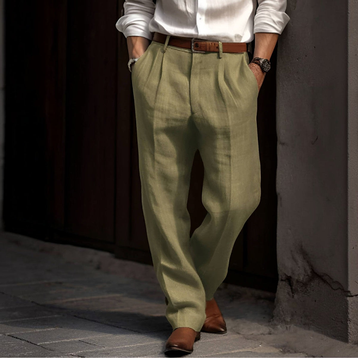 Men's Pleated Trousers – Elasticated Waist, Reinforced Seams hem detail