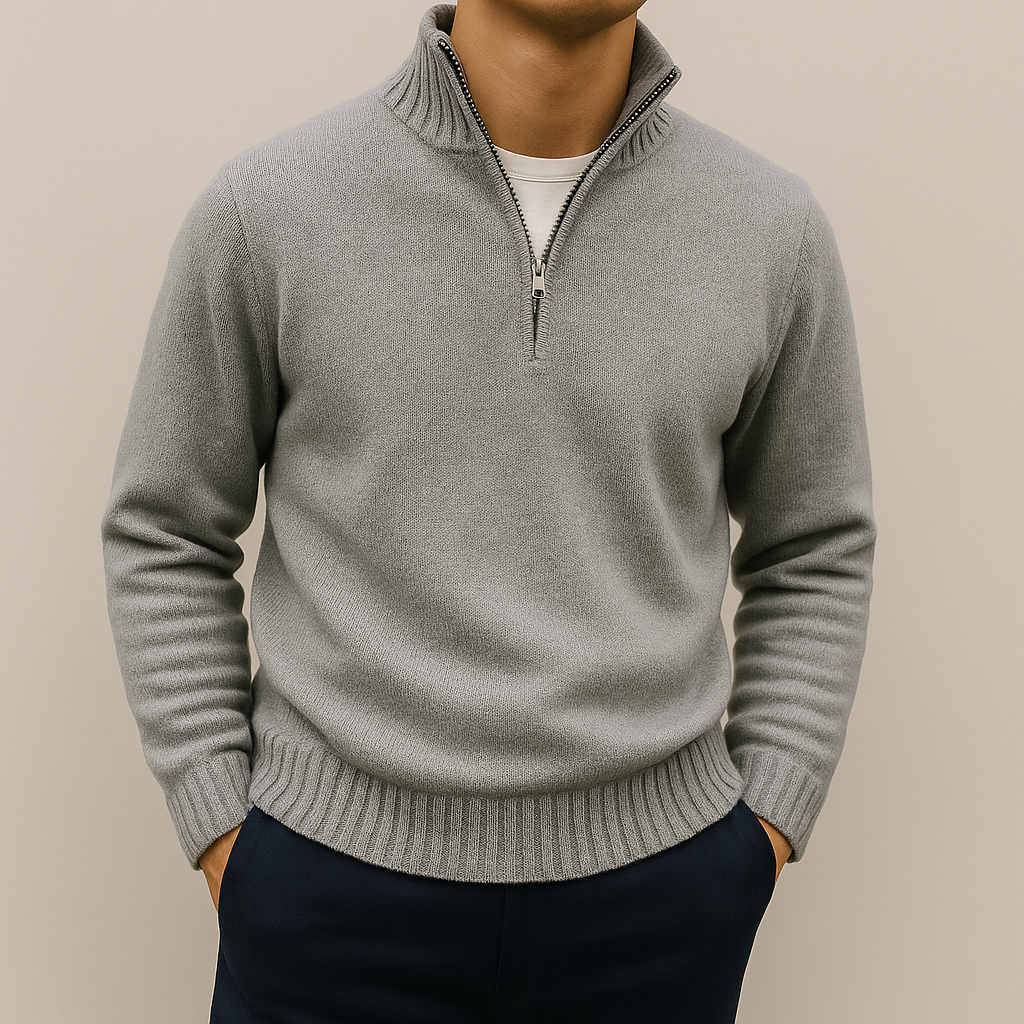 Men's Quarter Zip Sweater – Stand Collar, Ribbed Hem Pullover