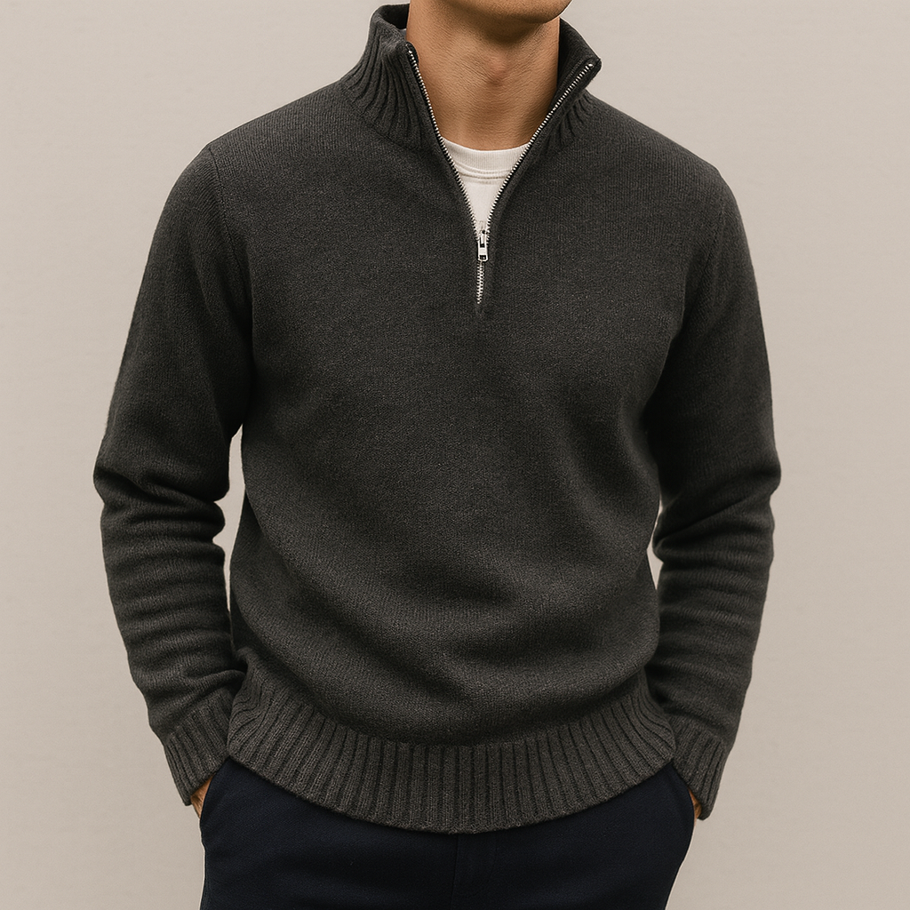 Men's Quarter Zip Sweater – Stand Collar, Ribbed Hem Pullover