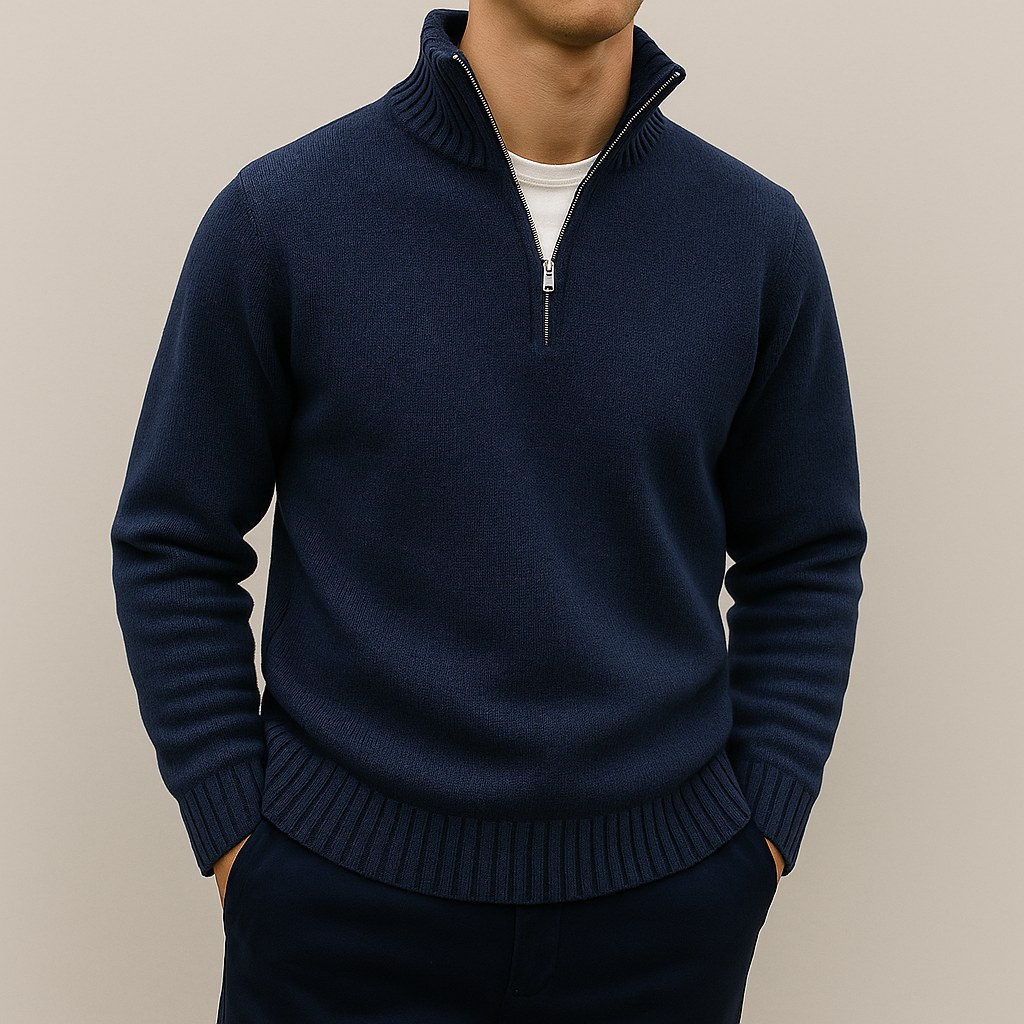 Men's Quarter Zip Sweater – Stand Collar, Ribbed Hem Pullover