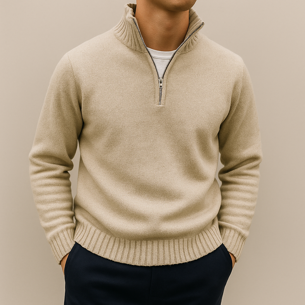 Men's Quarter Zip Sweater – Stand Collar, Ribbed Hem Pullover