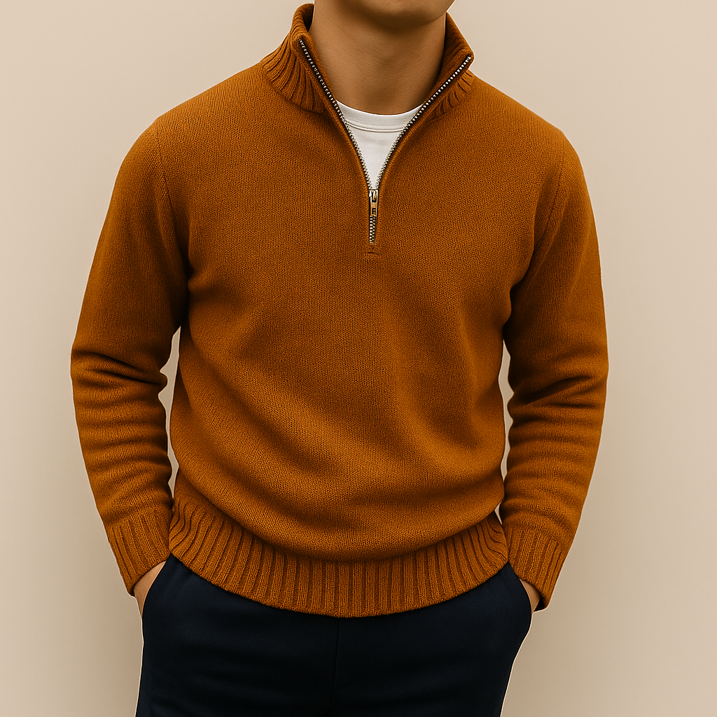 Men's Quarter Zip Sweater – Stand Collar, Ribbed Hem Pullover