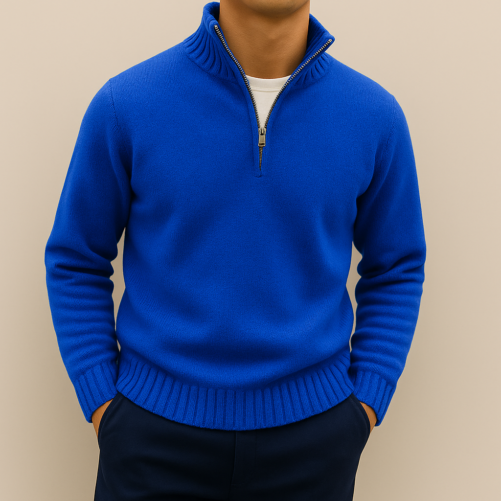 Men's Quarter Zip Sweater – Stand Collar, Ribbed Hem Pullover