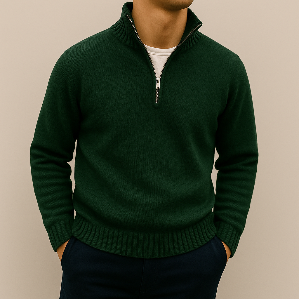 Men's Quarter Zip Sweater – Stand Collar, Ribbed Hem Pullover
