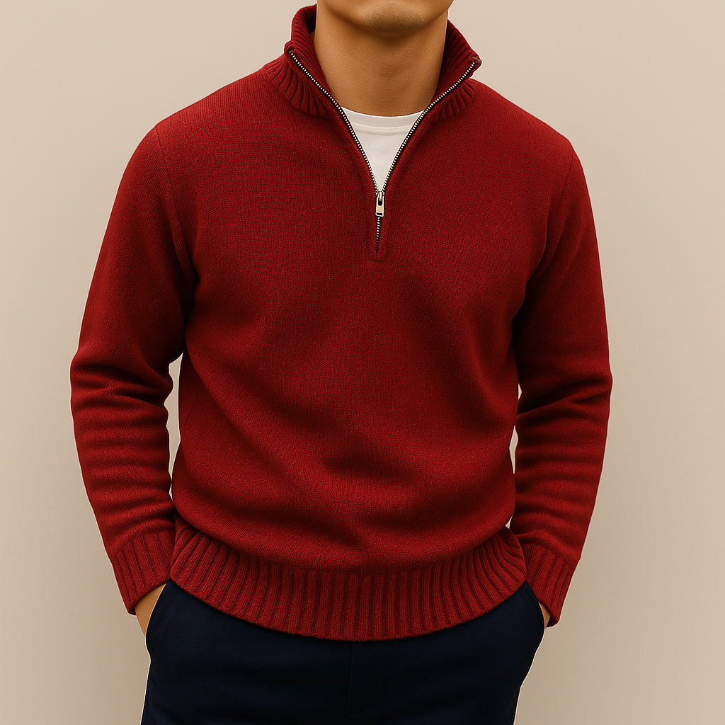 Men's Quarter Zip Sweater – Stand Collar, Ribbed Hem Pullover