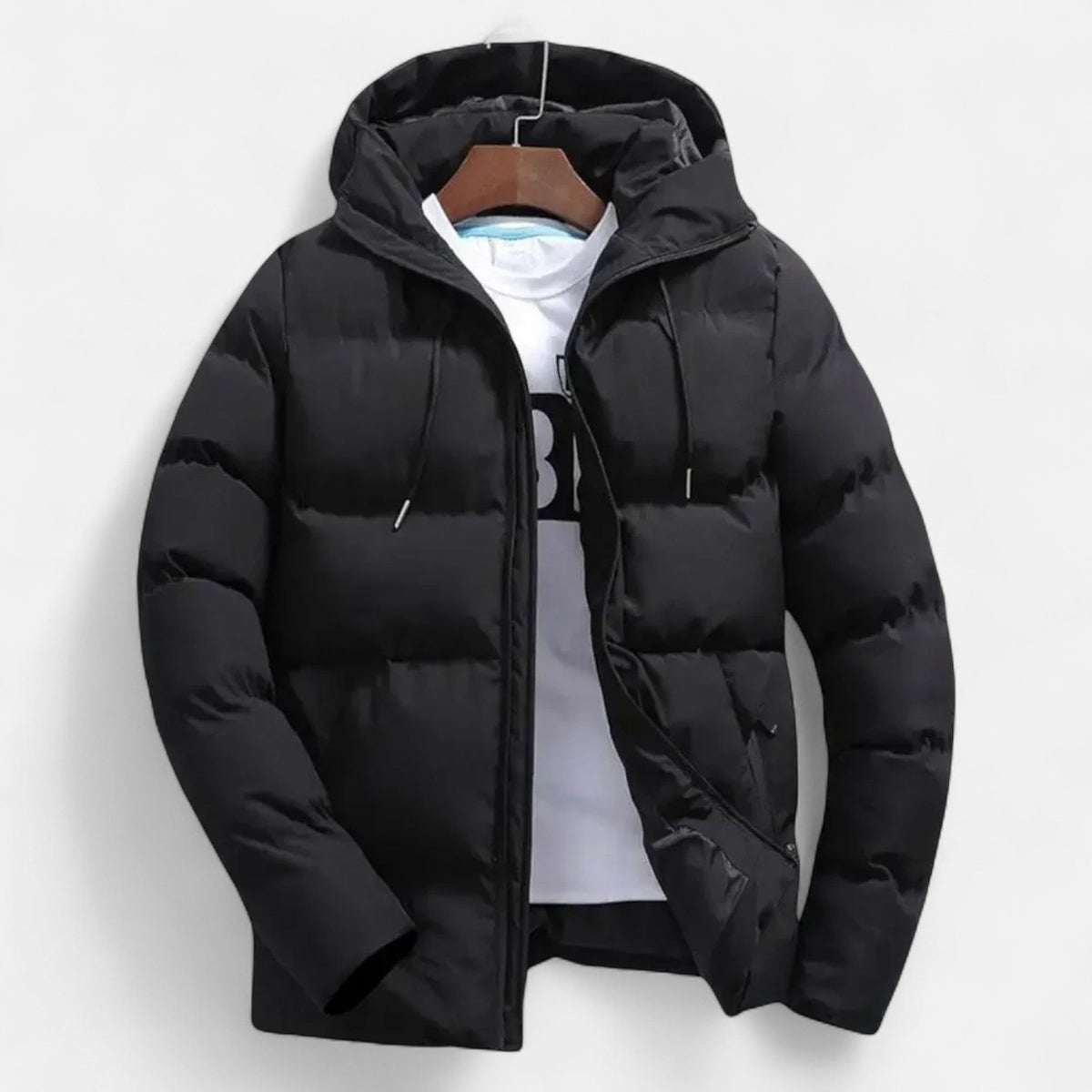 Men's Quilted Puffer Jacket – Hooded, High Funnel Neck
