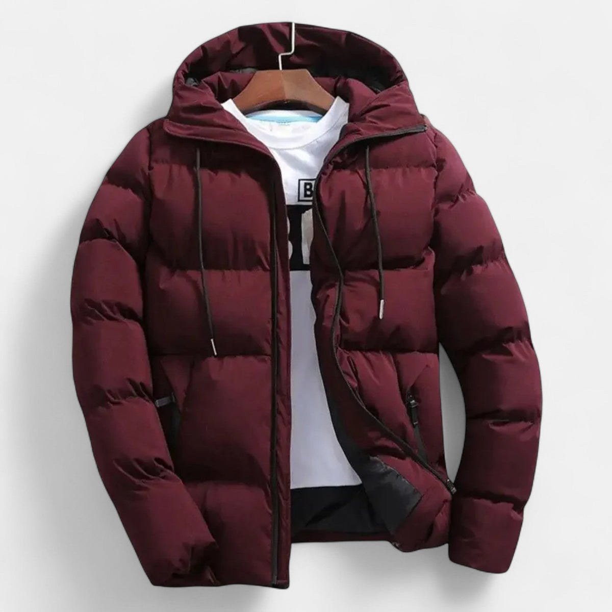 Men's Quilted Puffer Jacket – Hooded, High Funnel Neck