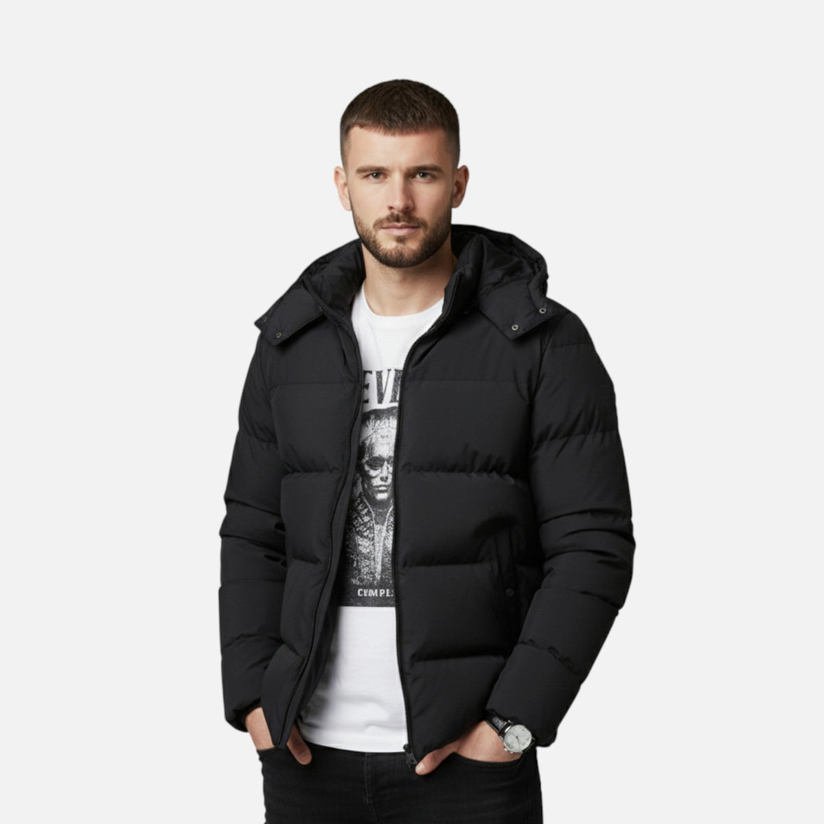 Men's Quilted Puffer Jacket – Hooded, High Funnel Neck