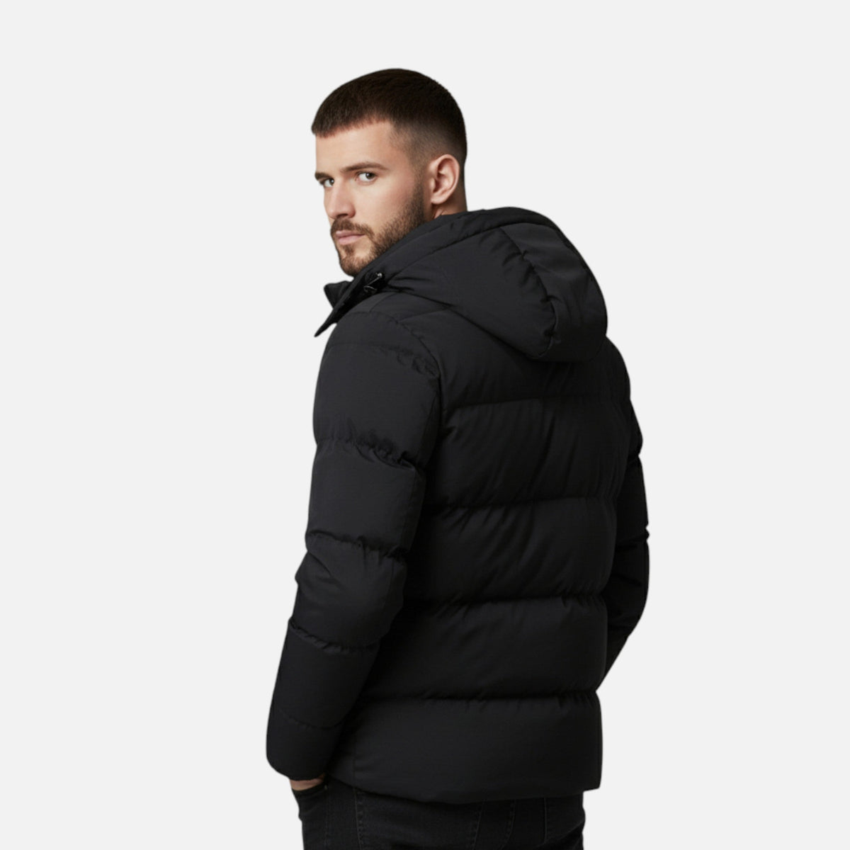 Men's Quilted Puffer Jacket – Hooded, High Funnel Neck