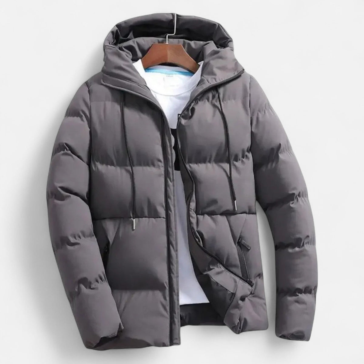 Men's Quilted Puffer Jacket – Hooded, High Funnel Neck