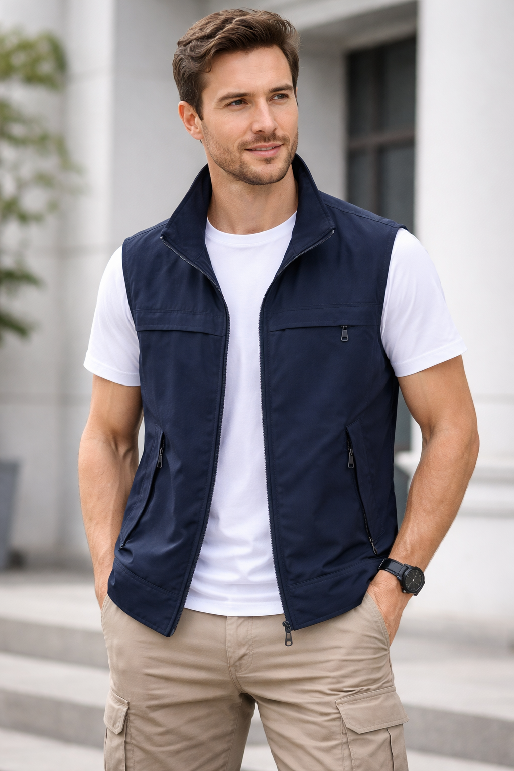 Men's Sleeveless Vest Jacket – Stand Collar, Full Zip