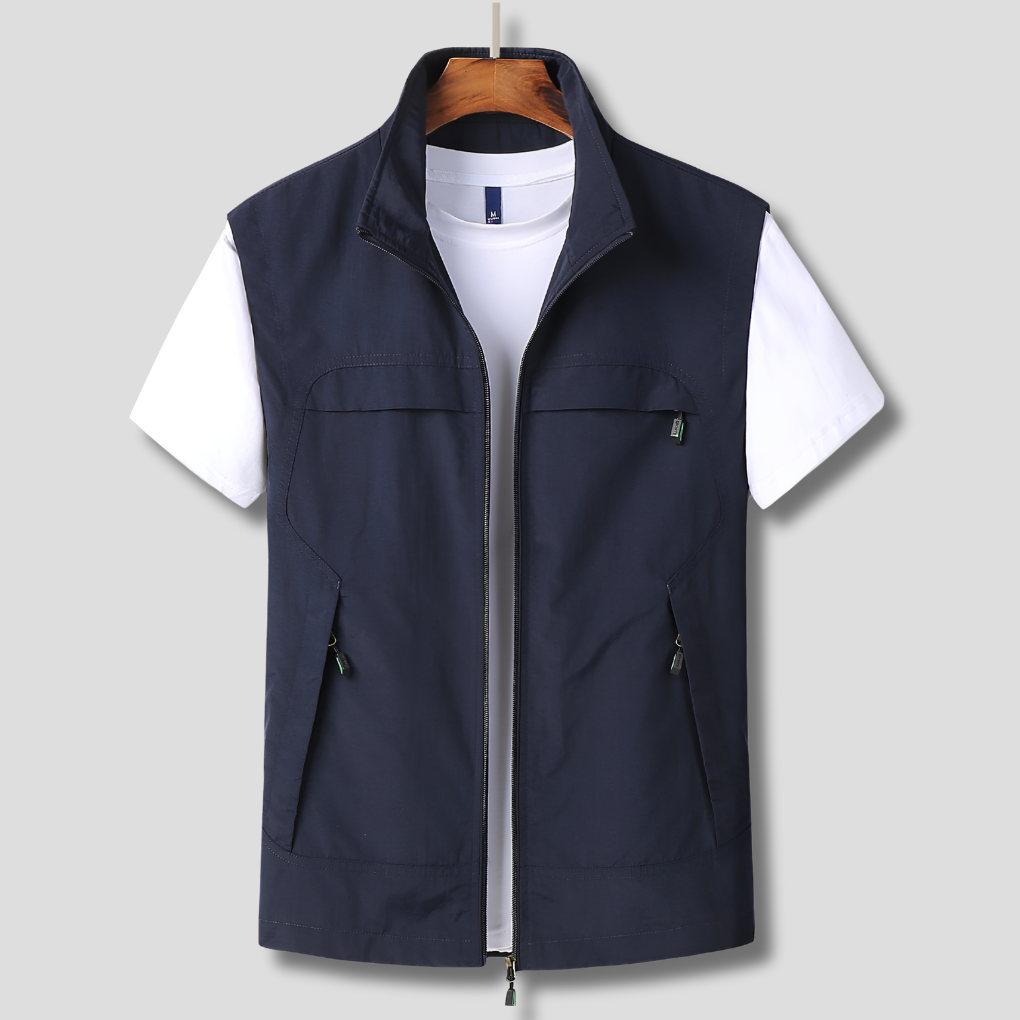 Men's Sleeveless Vest Jacket – Stand Collar, Full Zip