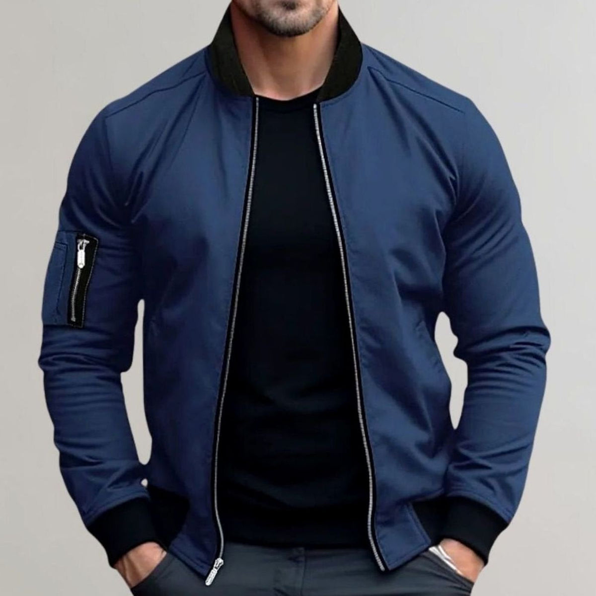 Men's Slim Fit Bomber Jacket – Full Zip, Sleeve Pocket