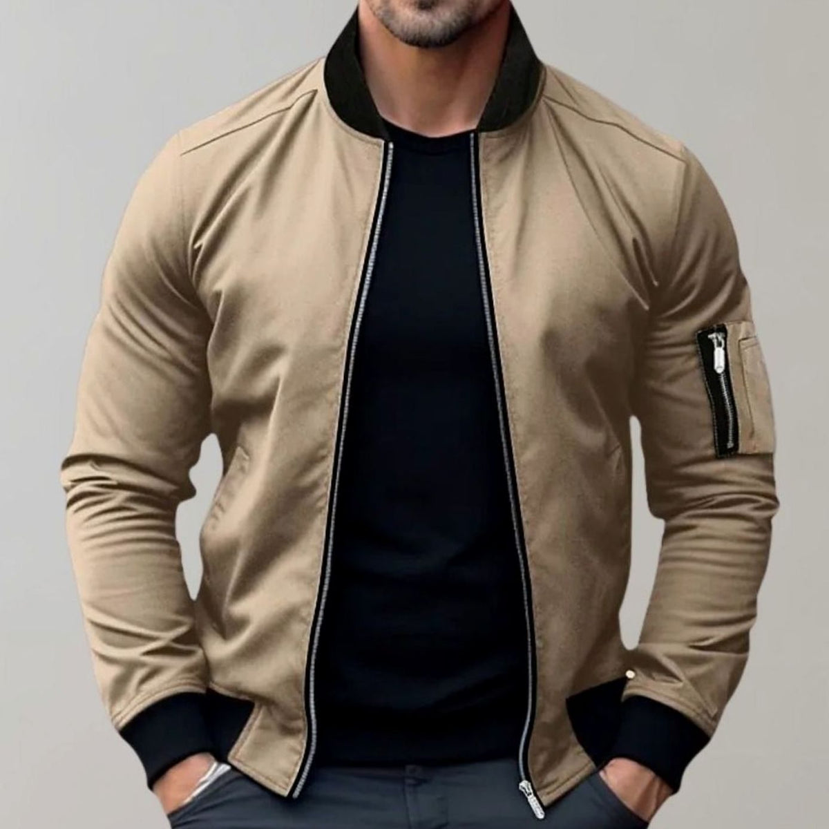 Men's Slim Fit Bomber Jacket – Full Zip, Sleeve Pocket