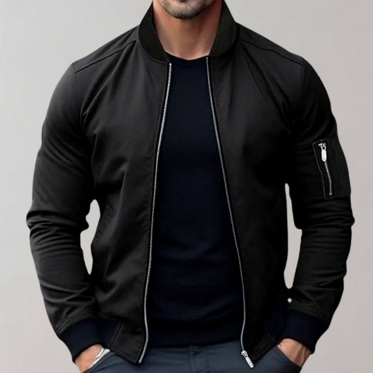 Men's Slim Fit Bomber Jacket – Full Zip, Sleeve Pocket