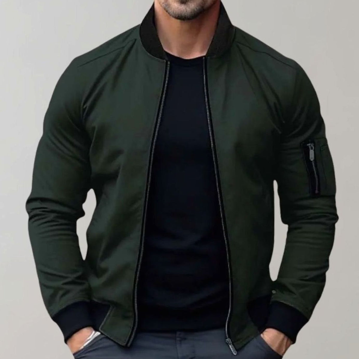 Men's Slim Fit Bomber Jacket – Full Zip, Sleeve Pocket