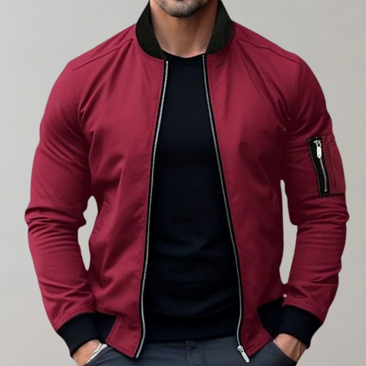 Men's Slim Fit Bomber Jacket – Full Zip, Sleeve Pocket