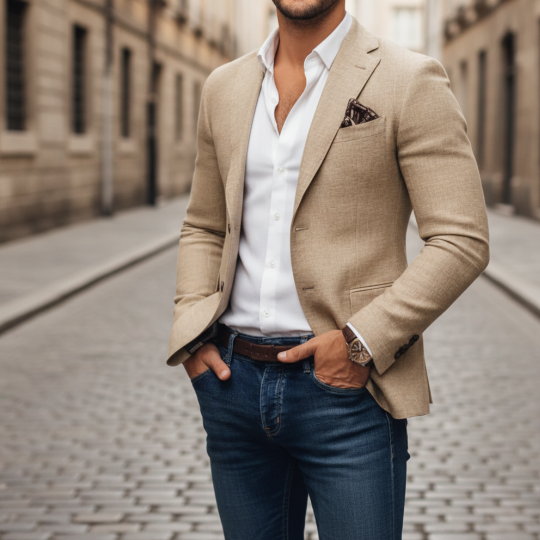 Men's Slim-Fit Structured Blazer – Single-Button, Notch Lapel cuff detail