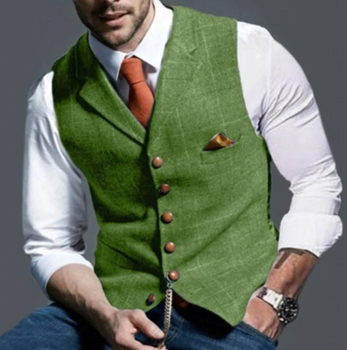 Men's Tailored Waistcoat Vest – V-Neck, Button Front back with waist strap