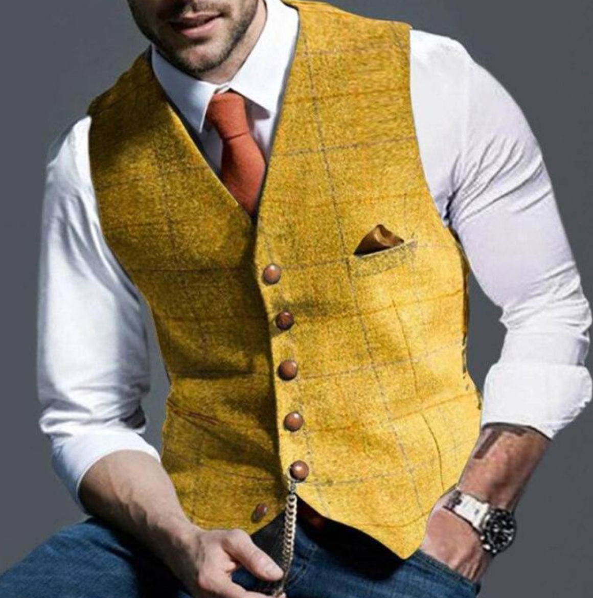 Men's Tailored Waistcoat Vest – V-Neck, Button Front button detail
