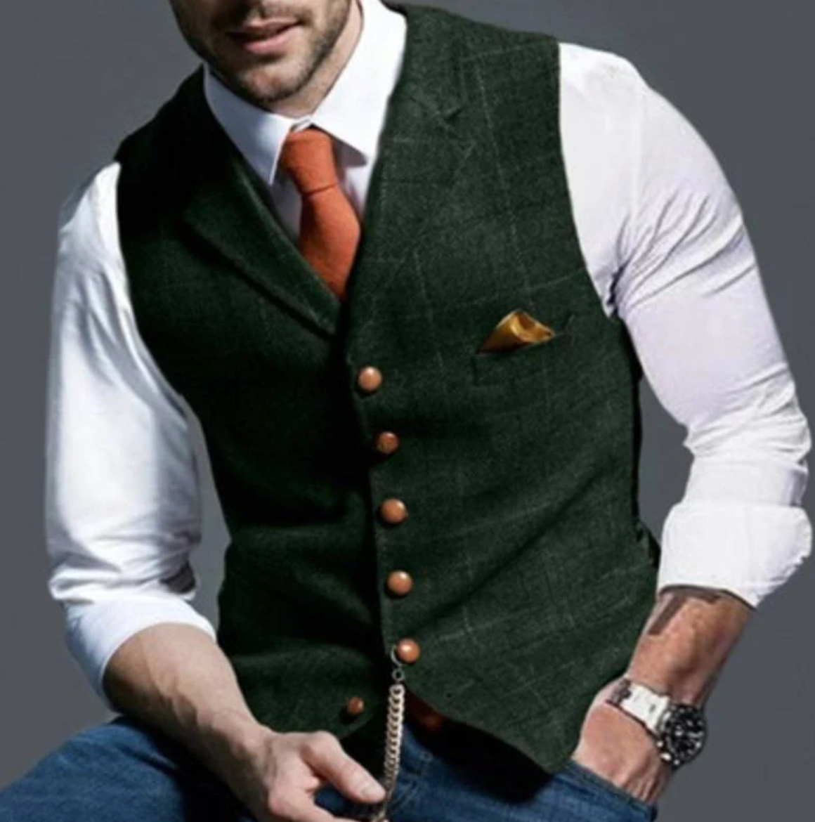 Men's Tailored Waistcoat Vest – V-Neck, Button Front worn over shirt