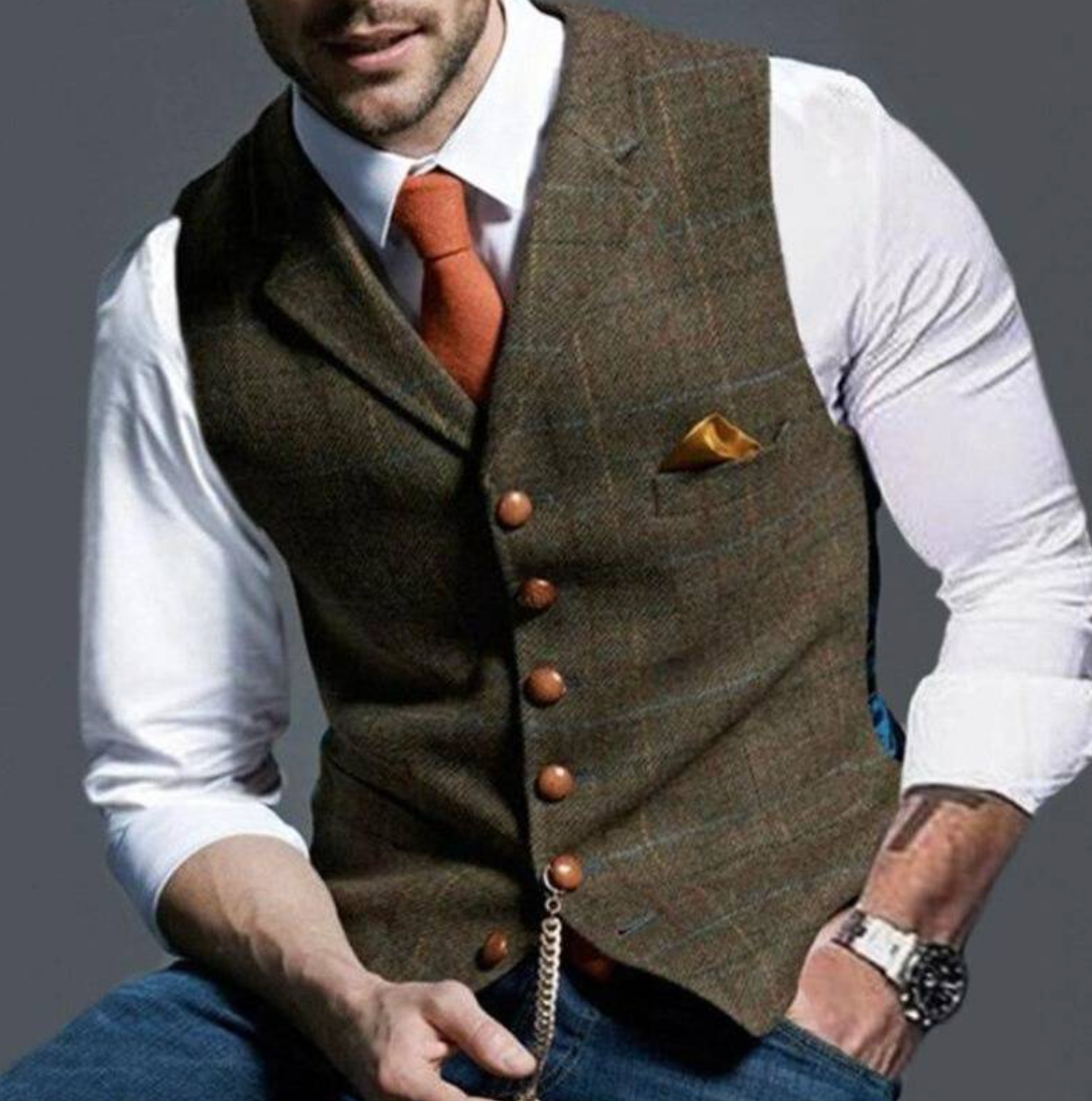 Men's Tailored Waistcoat Vest – V-Neck, Button Front armhole detail