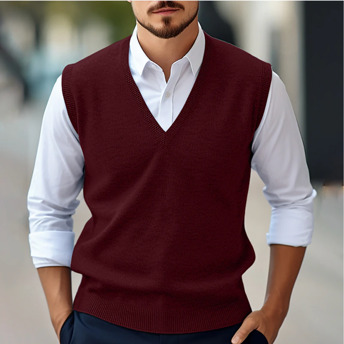 Men's V-Neck Sleeveless Sweater – Ribbed Trims, Tailored Knit