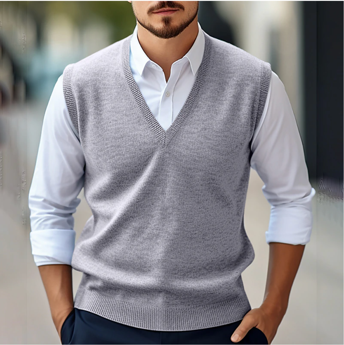 Men's V-Neck Sleeveless Sweater – Ribbed Trims, Tailored Knit