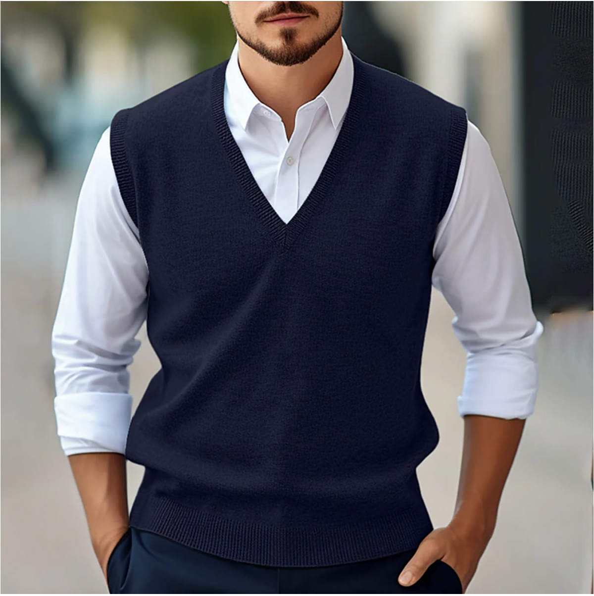Men's V-Neck Sleeveless Sweater – Ribbed Trims, Tailored Knit