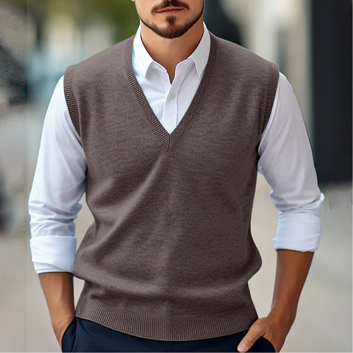 Men's V-Neck Sleeveless Sweater – Ribbed Trims, Tailored Knit