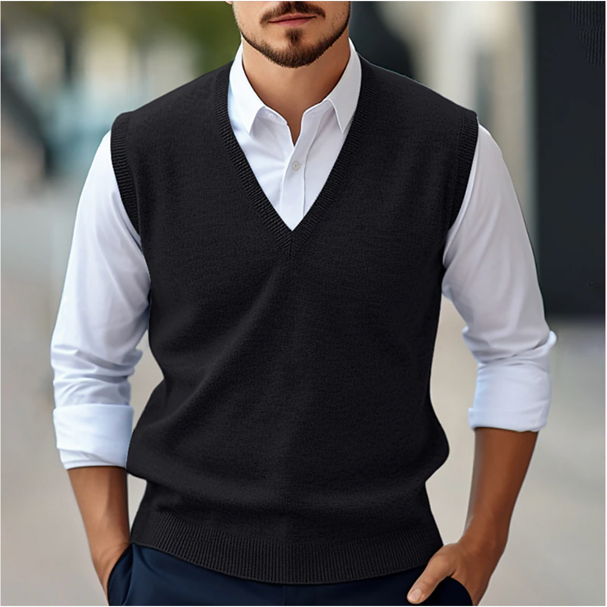 Men's V-Neck Sleeveless Sweater – Ribbed Trims, Tailored Knit
