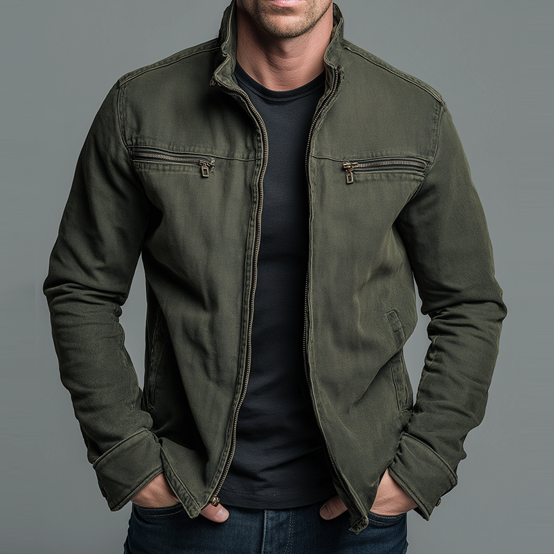 Men's Washed Utility Jackets – Full Zip, Stand Collar collar detail