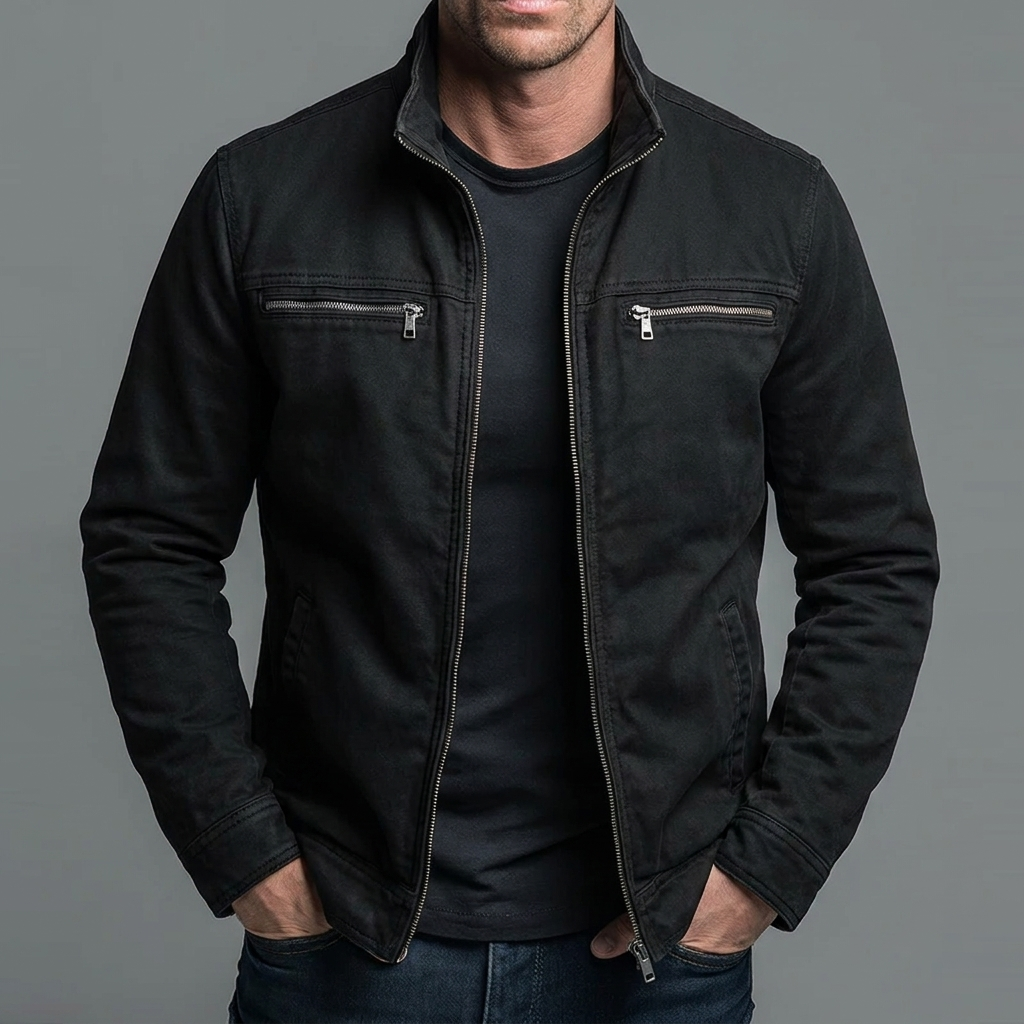 Men's Washed Utility Jackets – Full Zip, Stand Collar pocket detail