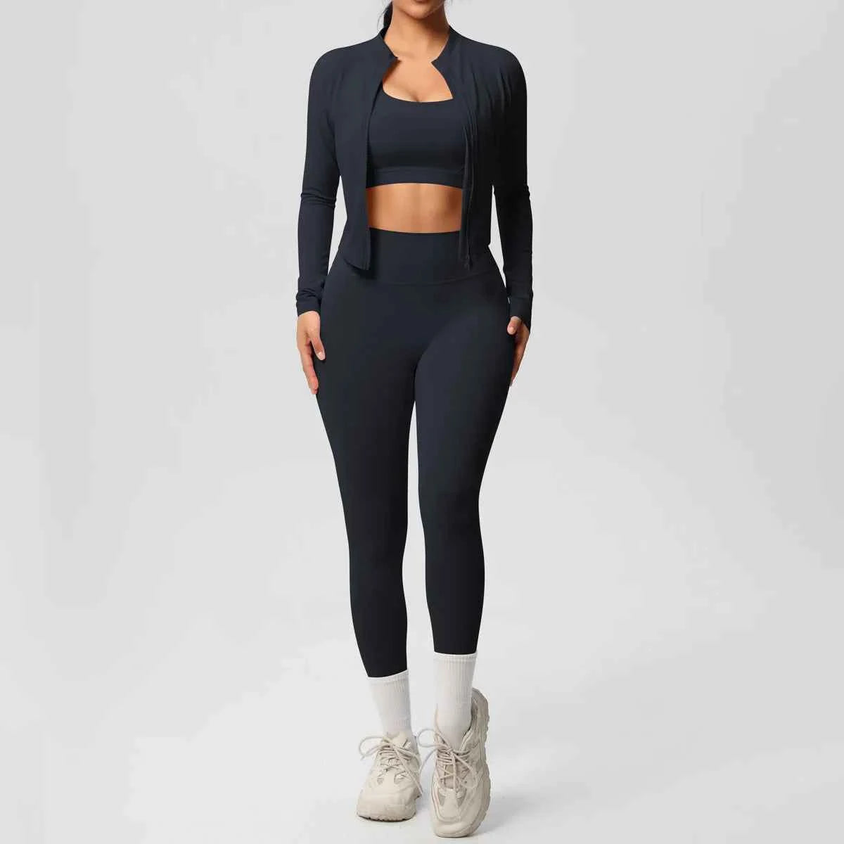 Women's 3-Piece Gym Set – Sports Bra, Zip Jacket & High-Waist Leggings front view