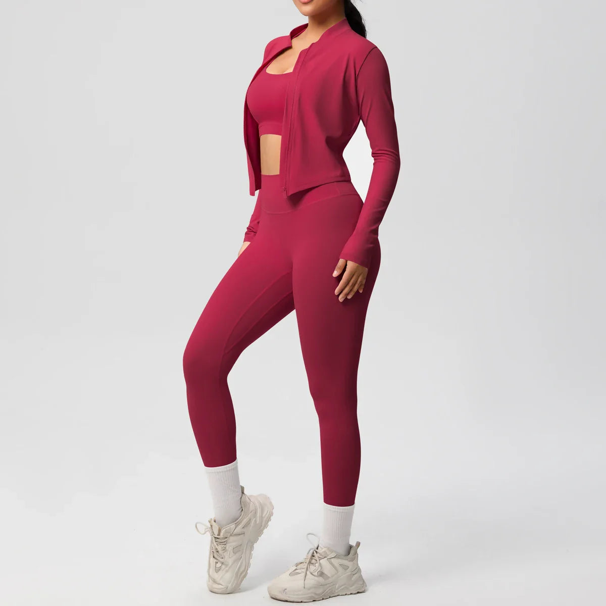 Women's 3-Piece Gym Set – Sports Bra, Zip Jacket & High-Waist Leggings colour options