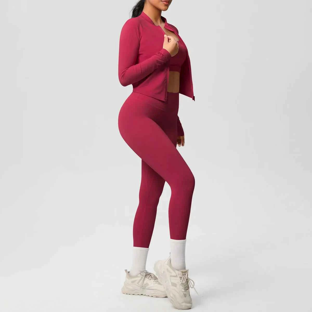 Women's 3-Piece Gym Set – Sports Bra, Zip Jacket & High-Waist Leggings styled look