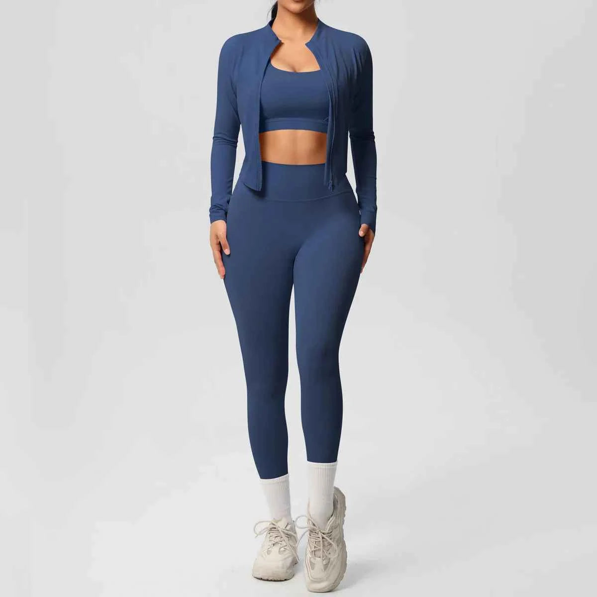 Women's 3-Piece Gym Set – Sports Bra, Zip Jacket & High-Waist Leggings full outfit