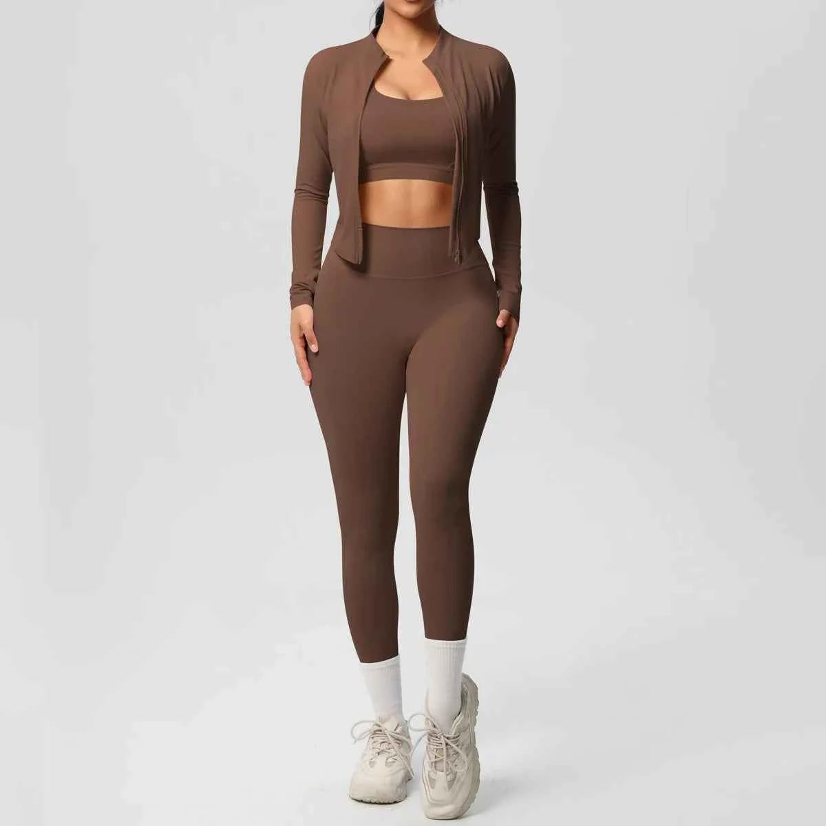 Women's 3-Piece Gym Set – Sports Bra, Zip Jacket & High-Waist Leggings cropped jacket