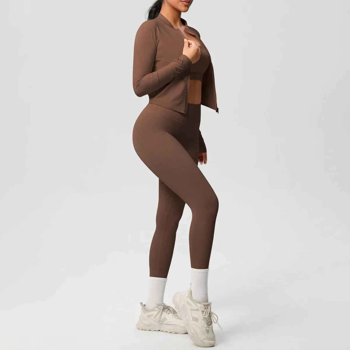 Women's 3-Piece Gym Set – Sports Bra, Zip Jacket & High-Waist Leggings jacket zip closure