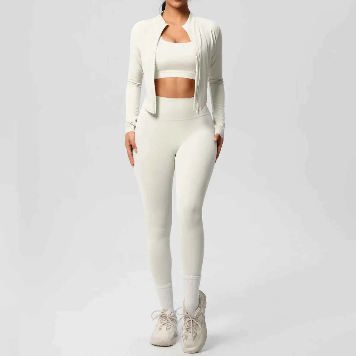 Women's 3-Piece Gym Set – Sports Bra, Zip Jacket & High-Waist Leggings side view