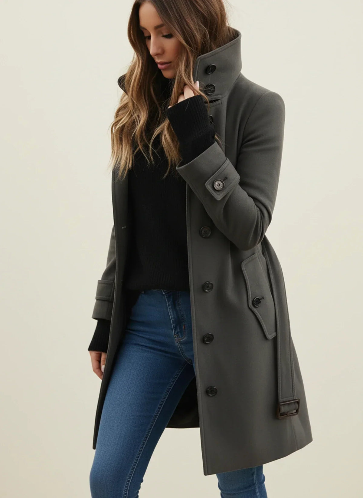 Women's Belted Longline Coat – Button Front, Buttoned Stand Collar front view