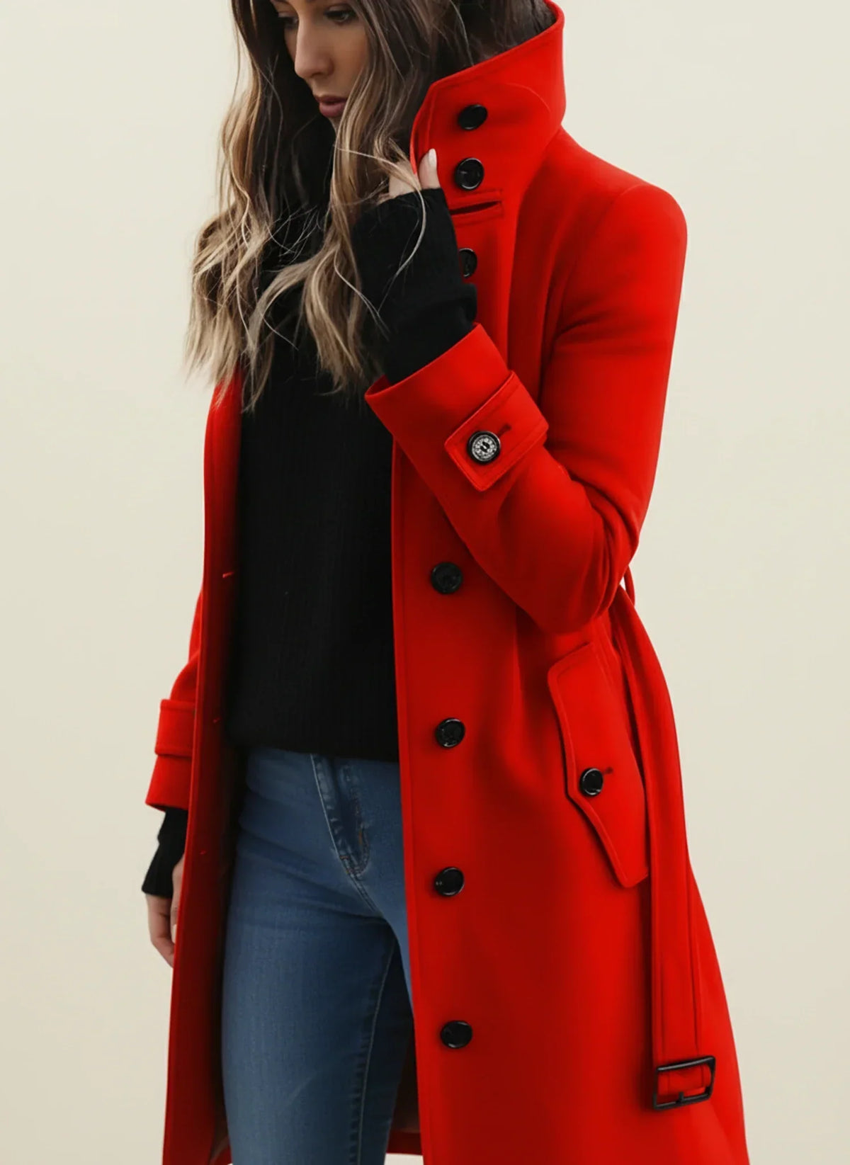 Women's Belted Longline Coat – Button Front, Buttoned Stand Collar side view