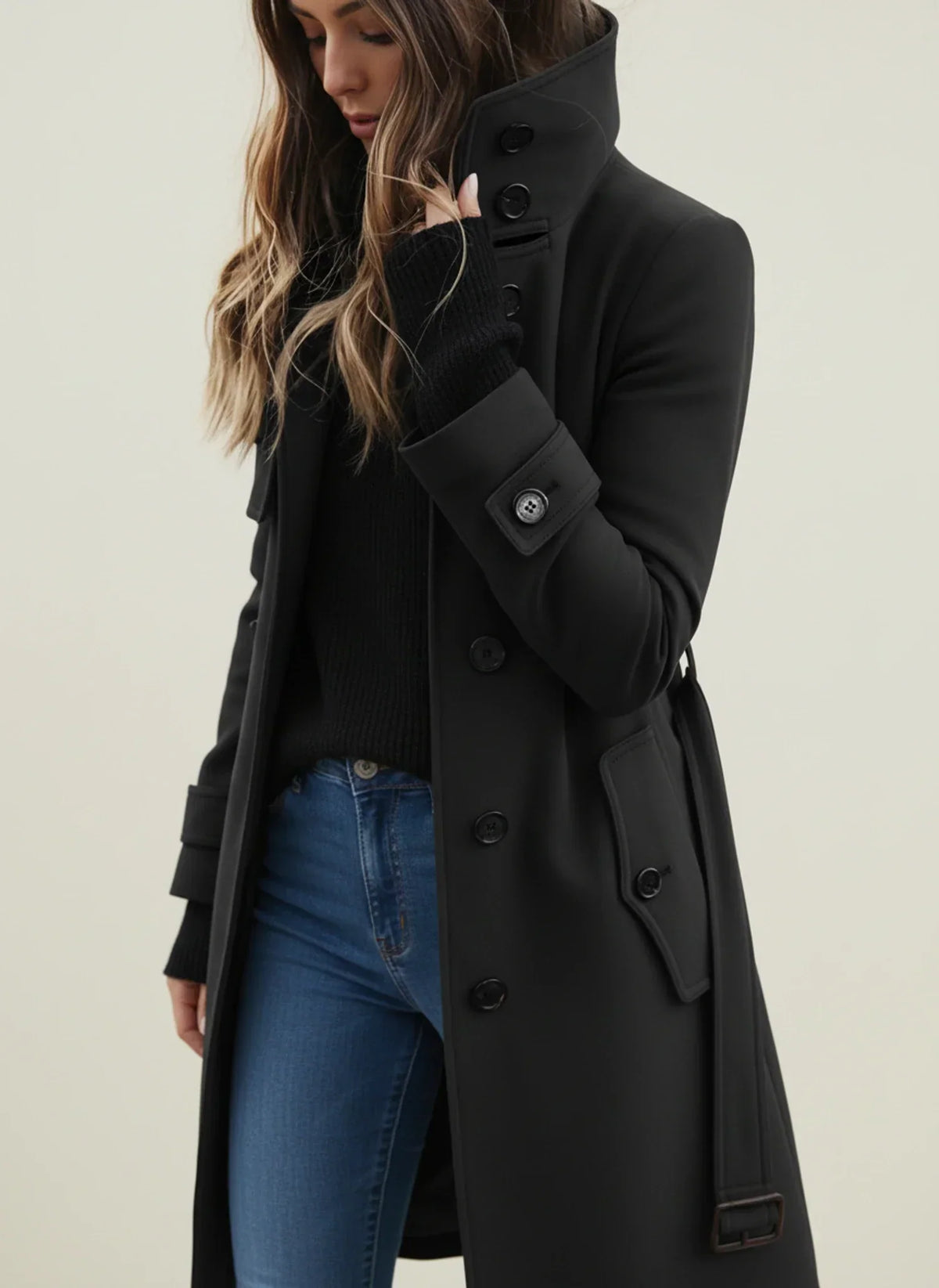 Women's Belted Longline Coat – Button Front, Buttoned Stand Collar collar detail
