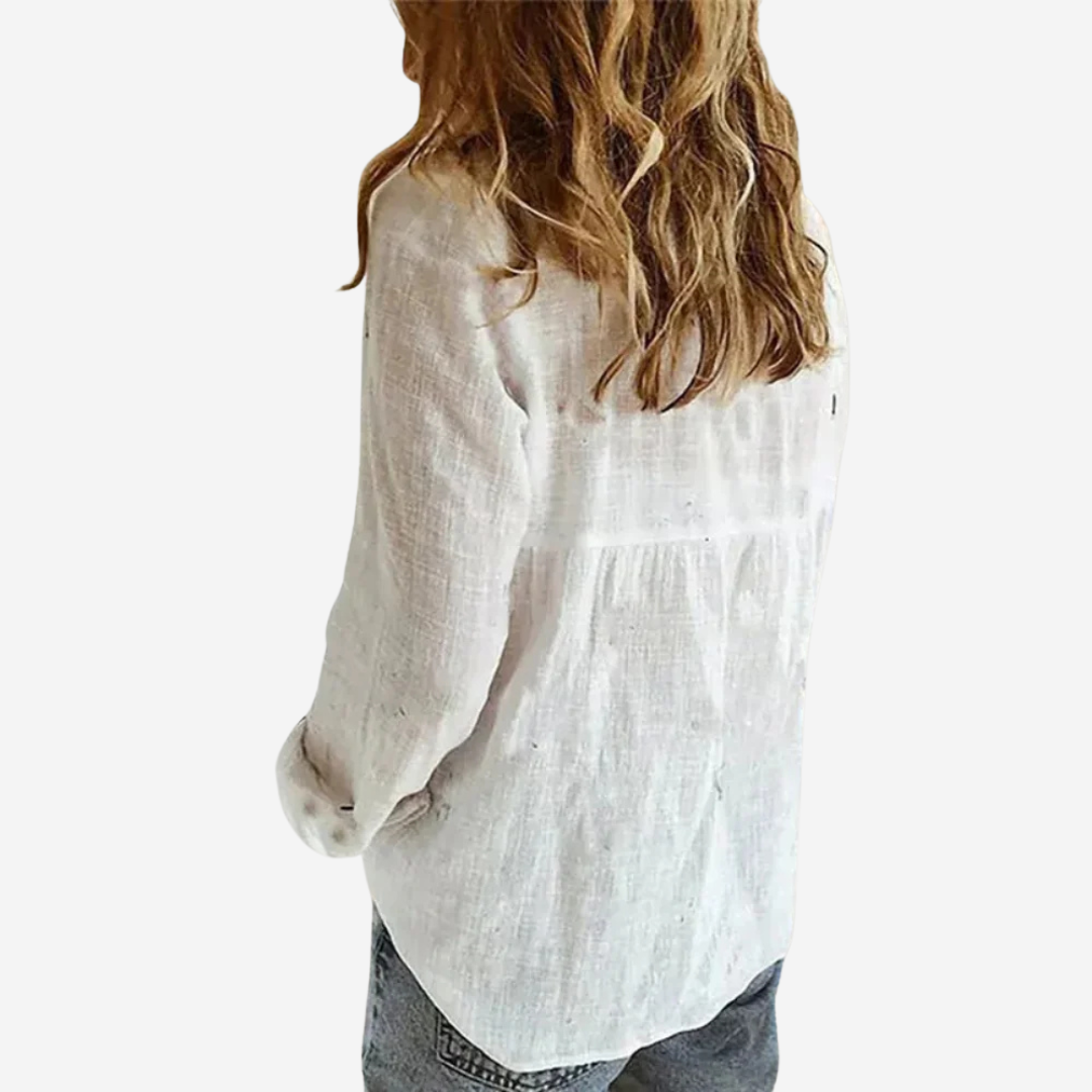 Women's Button-Front Blouse – Stand Collar, Roll-Tab Sleeves collar detail